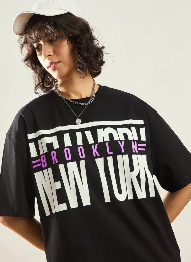 SASSAFRAS Black Typography Printed Oversized T-Shirt Dress for Women