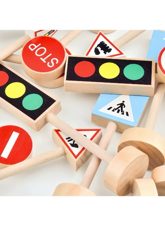 Educational toys, early childhood toys, wooden children's toys, traffic sign model toys, cultivate traffic safety awareness, 16-in-one box, suitable for 0-3 years old, made of walnut wood, environmentally friendly paint - Image 2
