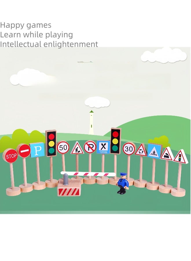 Educational toys, early childhood toys, wooden children's toys, traffic sign model toys, cultivate traffic safety awareness, 16-in-one box, suitable for 0-3 years old, made of walnut wood, environmentally friendly paint - Image 1