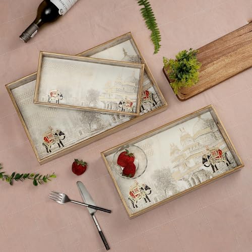 DULI Set of 3 Waterproof Wooden Trays – Royal Heritage Design with Palace & Elephant Artwork, Multipurpose Lacquer Coated MDF Serving Trays (16x10, 14x8, 12x6 Inches)(Setof3- WhiteElephant) - Image 3