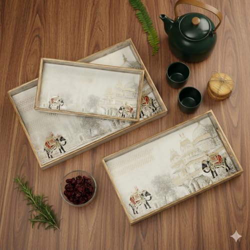 DULI Set of 3 Waterproof Wooden Trays – Royal Heritage Design with Palace & Elephant Artwork, Multipurpose Lacquer Coated MDF Serving Trays (16x10, 14x8, 12x6 Inches)(Setof3- WhiteElephant) - Image 1
