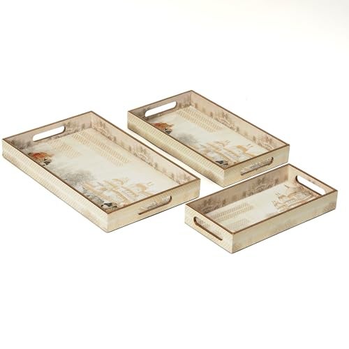DULI Set of 3 Waterproof Wooden Trays – Royal Heritage Design with Palace & Elephant Artwork, Multipurpose Lacquer Coated MDF Serving Trays (16x10, 14x8, 12x6 Inches)(Setof3- WhiteElephant) - Image 2