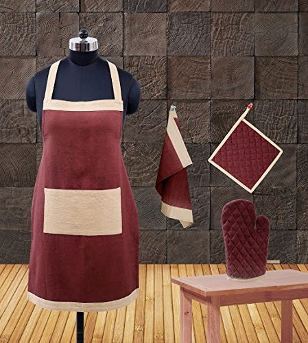 Dekor World Premium Cotton Colour Bonanza Kitchen Apron Set (Pack of 4 Pcs) Apron, Gloves, Pot Holder, Kitchen Towel for Unisex - Image 1