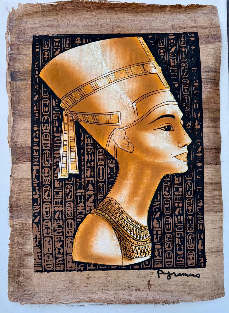 ورقة بردي فرعوني نفرتيتي مضيئة مقاس cm30x40 صناعة يدوية,ذهبي - Image 1