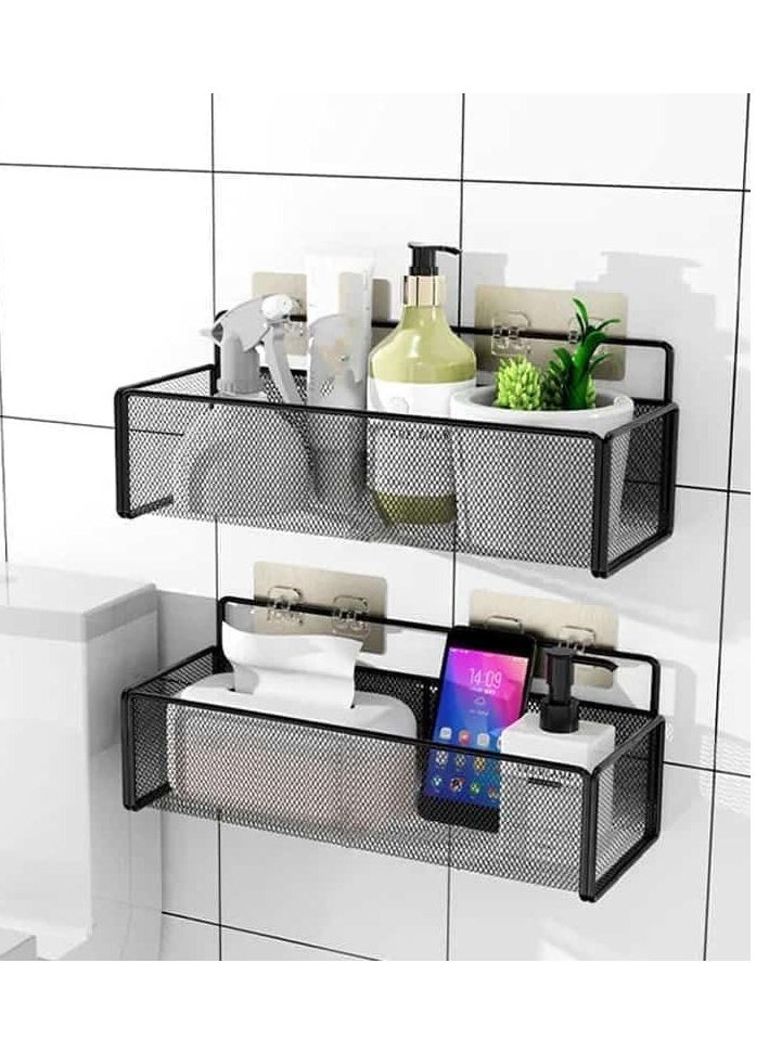 Generic Stainless steel bathroom stand with double hooks for hanging without nails, black color, 36cm*15cm*15cm  - Image 1