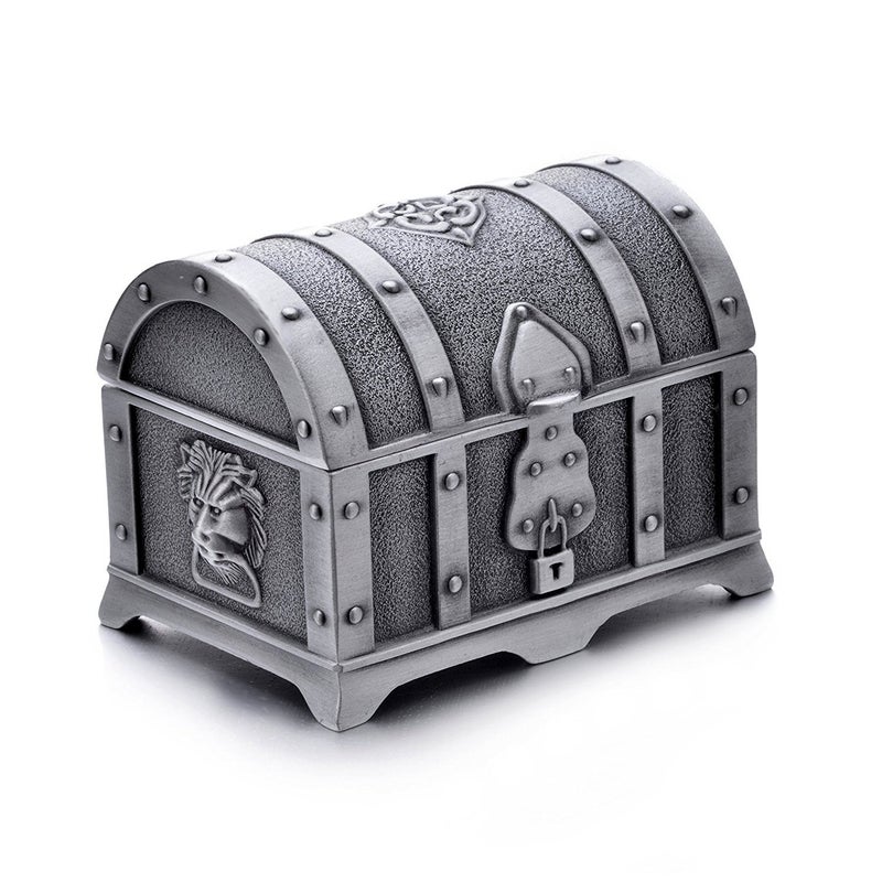 AVESON Rectangle Vintage Metal Treasure Chest Trinket Jewelry Box Gift Box Ring Case for Girls Ladies Women, Small, Tin Color - Image 1