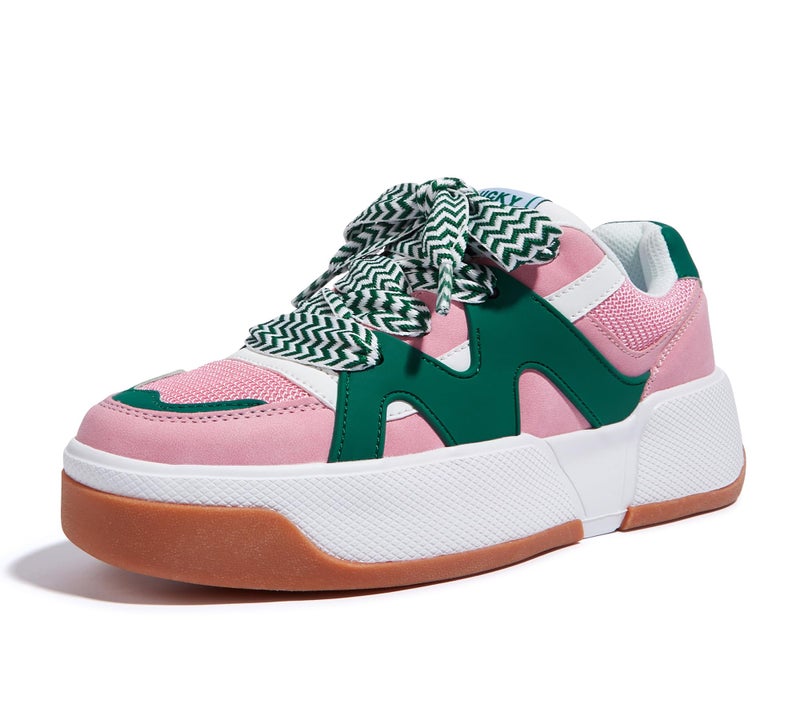LUCKY STEP Womenâ€™s Platform Fashion Sneakers Lace up Casual Faux Leather Comfortable Thick Sole Tennis Walking Shoes (Pink/Green,10 B(M) US) - Image 1