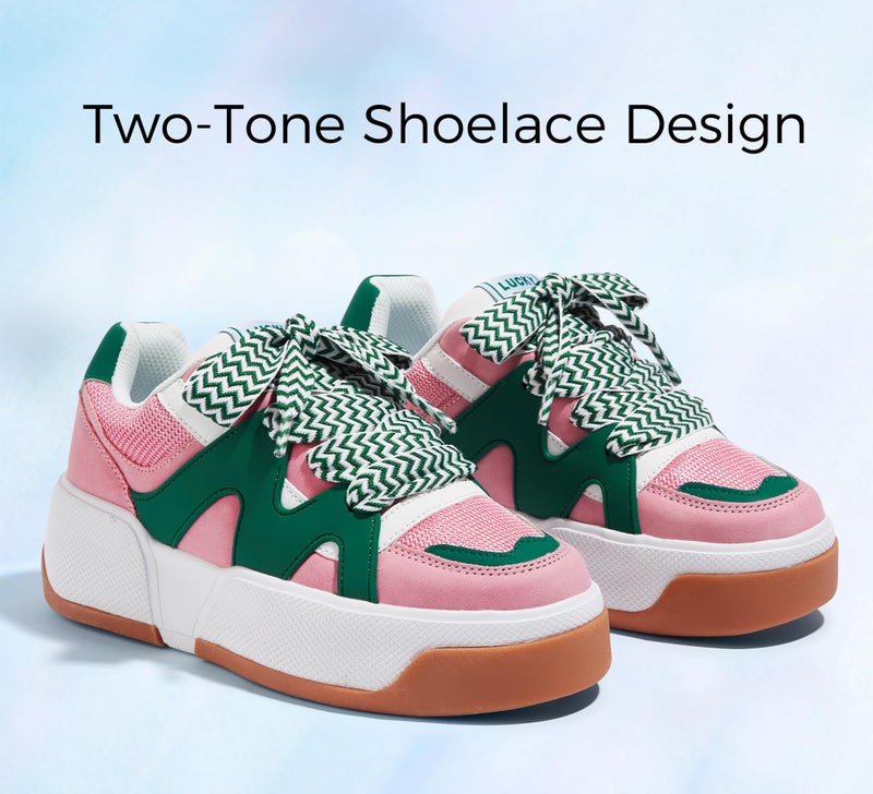 LUCKY STEP Womenâ€™s Platform Fashion Sneakers Lace up Casual Faux Leather Comfortable Thick Sole Tennis Walking Shoes (Pink/Green,10 B(M) US) - Image 4