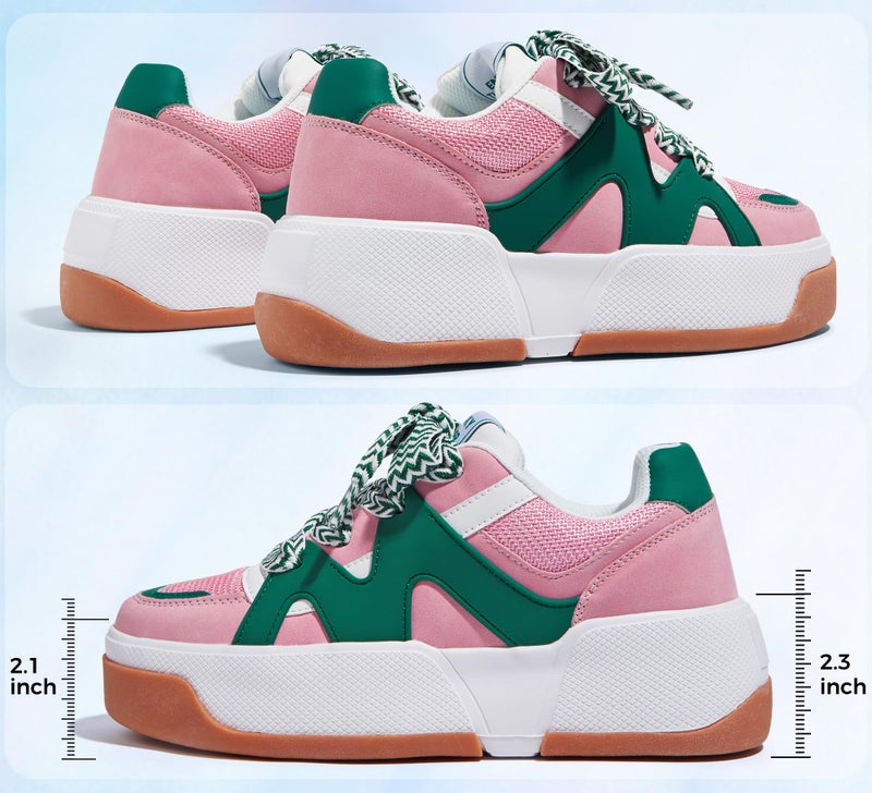 LUCKY STEP Womenâ€™s Platform Fashion Sneakers Lace up Casual Faux Leather Comfortable Thick Sole Tennis Walking Shoes (Pink/Green,10 B(M) US) - Image 3