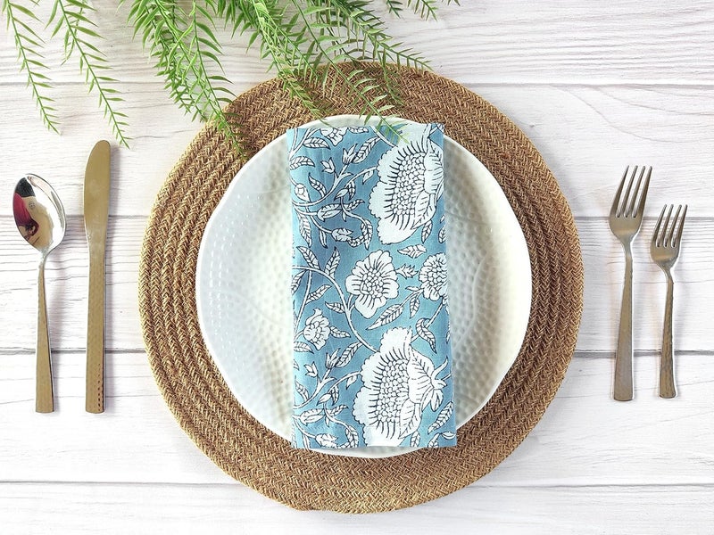 AVKA Studio Soft Cotton Napkins 18x18 inches  Washable Thin Cloth Dinner Napkins Set of 6  Everyday Use or Dinner Party and Events  Greyish Blue Floral Lightweight Indian Block Print Soft Fabric by Craftbot - Image 2