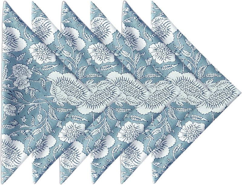 AVKA Studio Soft Cotton Napkins 18x18 inches  Washable Thin Cloth Dinner Napkins Set of 6  Everyday Use or Dinner Party and Events  Greyish Blue Floral Lightweight Indian Block Print Soft Fabric by Craftbot - Image 1