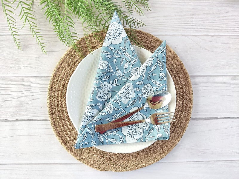 AVKA Studio Soft Cotton Napkins 18x18 inches  Washable Thin Cloth Dinner Napkins Set of 6  Everyday Use or Dinner Party and Events  Greyish Blue Floral Lightweight Indian Block Print Soft Fabric by Craftbot - Image 3