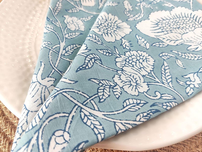 AVKA Studio Soft Cotton Napkins 18x18 inches  Washable Thin Cloth Dinner Napkins Set of 6  Everyday Use or Dinner Party and Events  Greyish Blue Floral Lightweight Indian Block Print Soft Fabric by Craftbot - Image 4