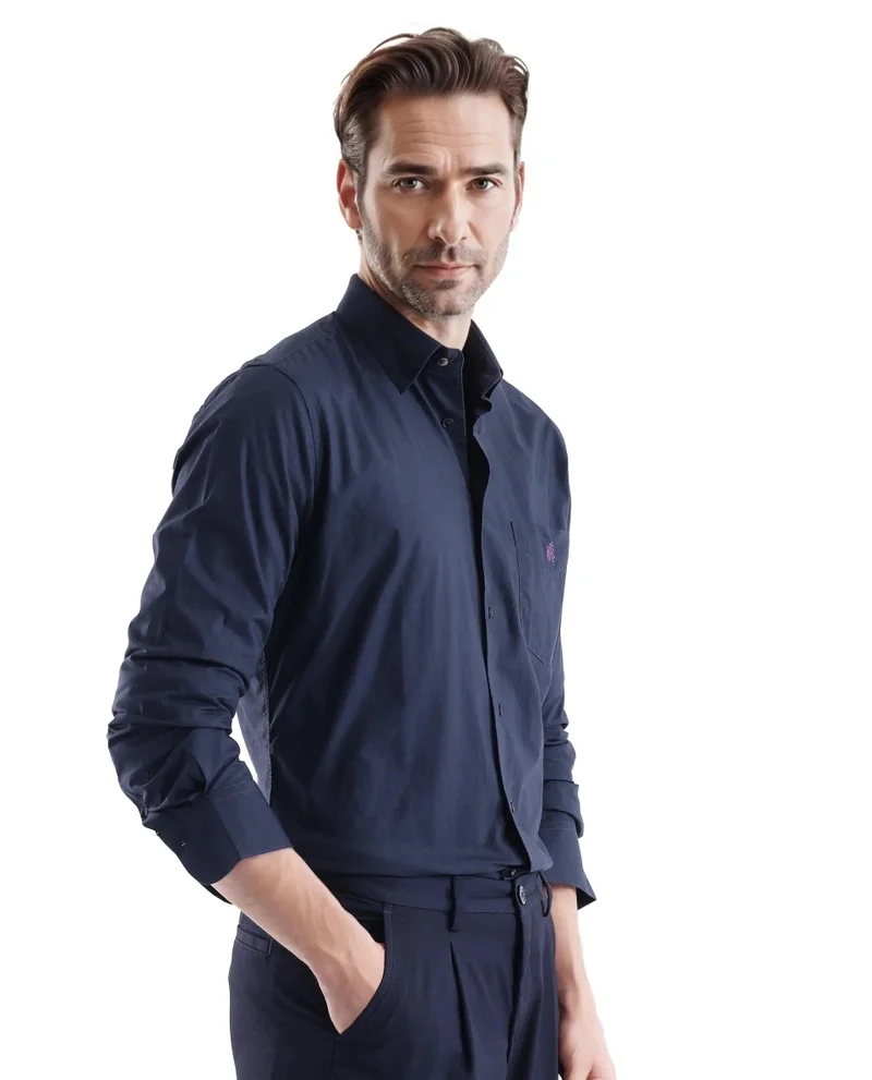 Rare Rabbit Men's Embroidered Logo Plain Poplin Shirt