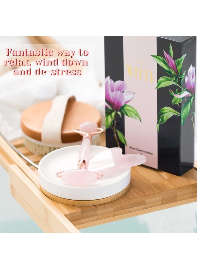 Witty Rose Quartz Roller for Face, Gua Sha Stone Set in Hand-Drawn Giftbox - Jade Face Roller, Face Massager Roller, Face Scraper Tool - Guasha Tool for Face Roller Skin Care, Eyes, Neck - Extra Pouch  - Image 4