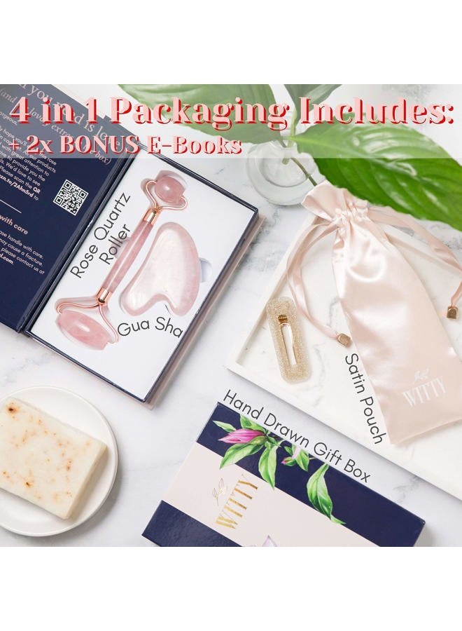 Witty Rose Quartz Roller for Face, Gua Sha Stone Set in Hand-Drawn Giftbox - Jade Face Roller, Face Massager Roller, Face Scraper Tool - Guasha Tool for Face Roller Skin Care, Eyes, Neck - Extra Pouch  - Image 2