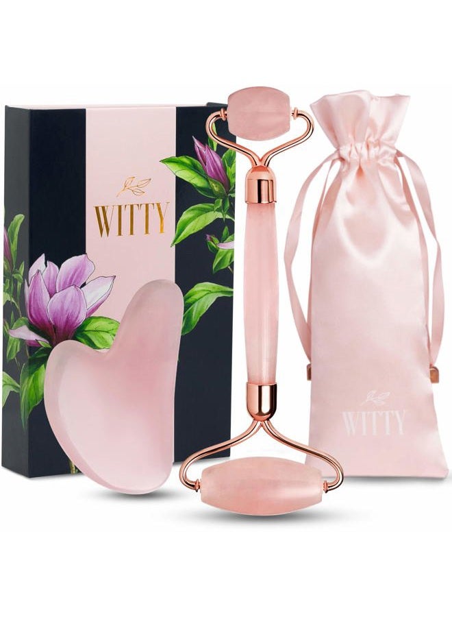 Witty Rose Quartz Roller for Face, Gua Sha Stone Set in Hand-Drawn Giftbox - Jade Face Roller, Face Massager Roller, Face Scraper Tool - Guasha Tool for Face Roller Skin Care, Eyes, Neck - Extra Pouch  - Image 1