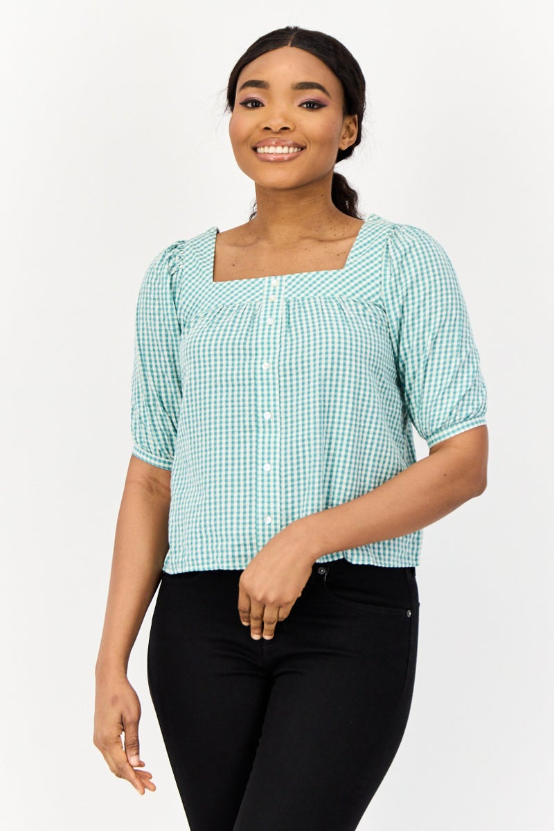 ONLY بلوزة نسائية بأكمام قصيرة وفتحة رقبة مربعة، مربعات صغيرة، متعددة الألوان - Image 1