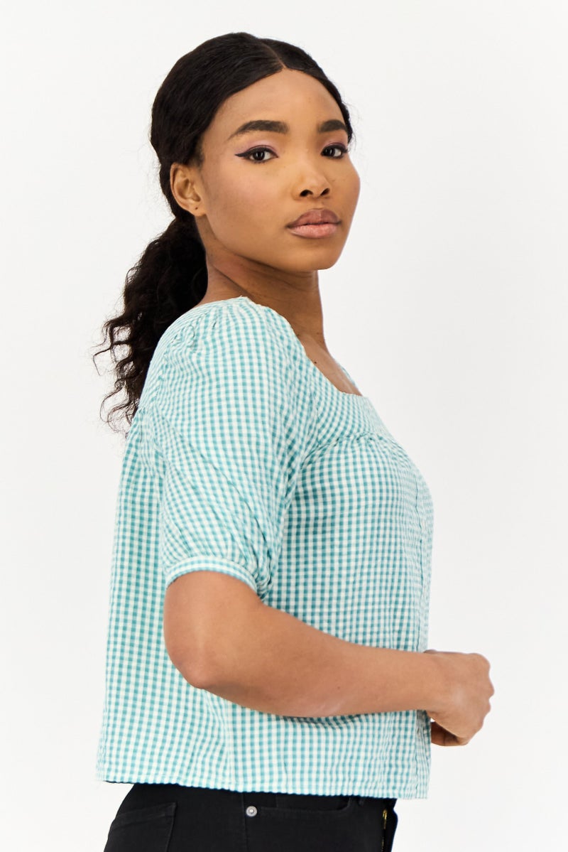 ONLY بلوزة نسائية بأكمام قصيرة وفتحة رقبة مربعة، مربعات صغيرة، متعددة الألوان - Image 3