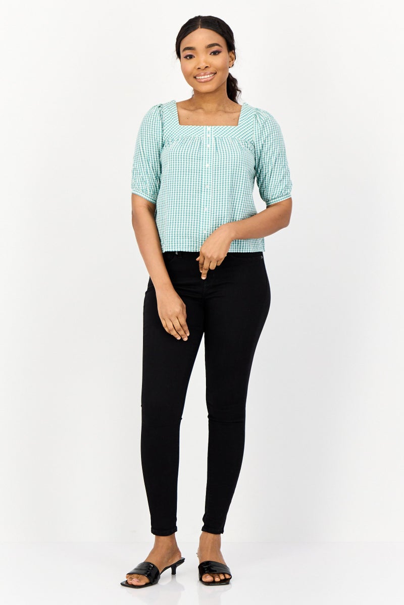 ONLY بلوزة نسائية بأكمام قصيرة وفتحة رقبة مربعة، مربعات صغيرة، متعددة الألوان - Image 2