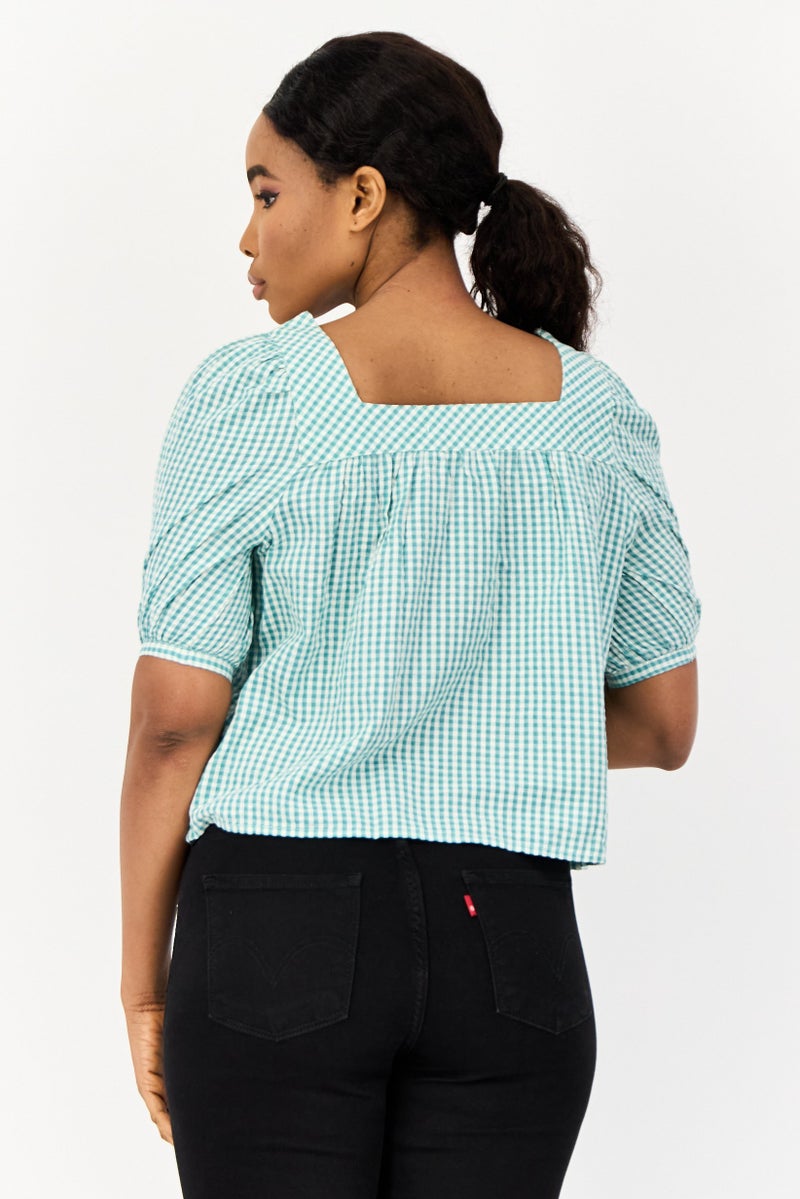 ONLY بلوزة نسائية بأكمام قصيرة وفتحة رقبة مربعة، مربعات صغيرة، متعددة الألوان - Image 4