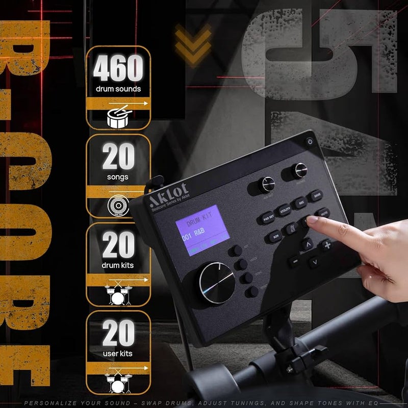 AKLOT Expanded-Size Electric Drum Set: Independent Double Pedal Bass Drum and 10’’ Dual-Zone Snare, Two-Piece Standalone Hi-Hat, 12’’ Triple-Zone Ride Cymbal, 460 Sounds, USB MIDI (B-CORE541D) - Image 3