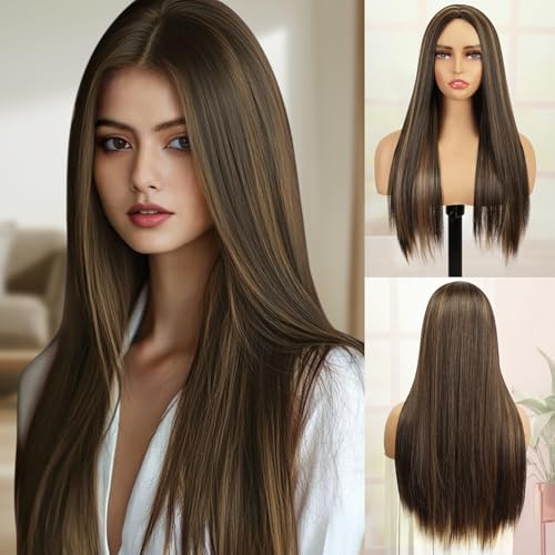 Creamily Long Full Head Hair Wig for Women, Brunette Synthetic Hair Week for Woman,Straight Korean Ladies Wigs Natural Full Head for Daily Party (Brown,23 Inch) - Image 1