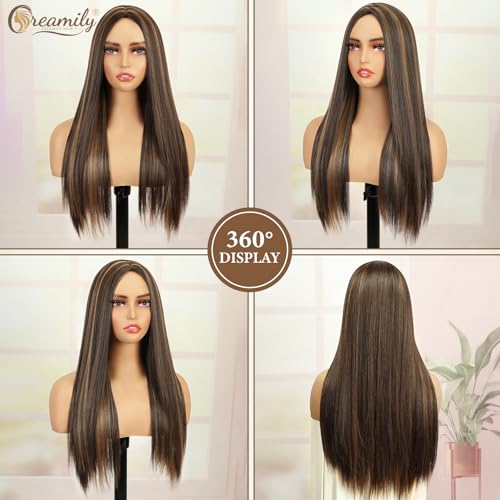 Creamily Long Full Head Hair Wig for Women, Brunette Synthetic Hair Week for Woman,Straight Korean Ladies Wigs Natural Full Head for Daily Party (Brown,23 Inch) - Image 2