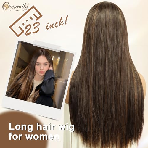 Creamily Long Full Head Hair Wig for Women, Brunette Synthetic Hair Week for Woman,Straight Korean Ladies Wigs Natural Full Head for Daily Party (Brown,23 Inch) - Image 3
