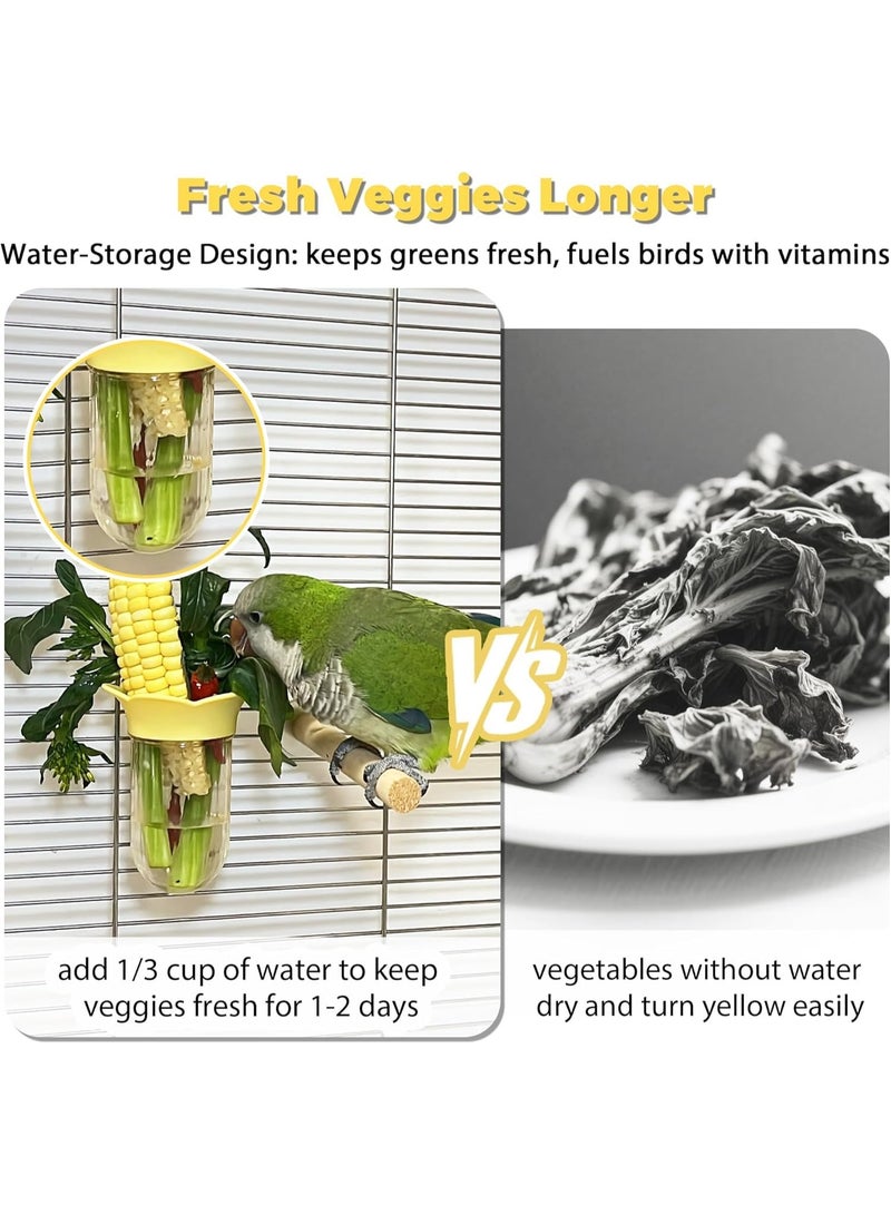 Luckam Bird Cage Vegetable Feeder, No-Spill Hanging Veggie Holder with Water Reservoir, Fresh Greens Keeper for Parrots & Parakeets, Quick-Clean Clip-On Millet Feeder (2-Pack, Yellow/Purple) - Image 2