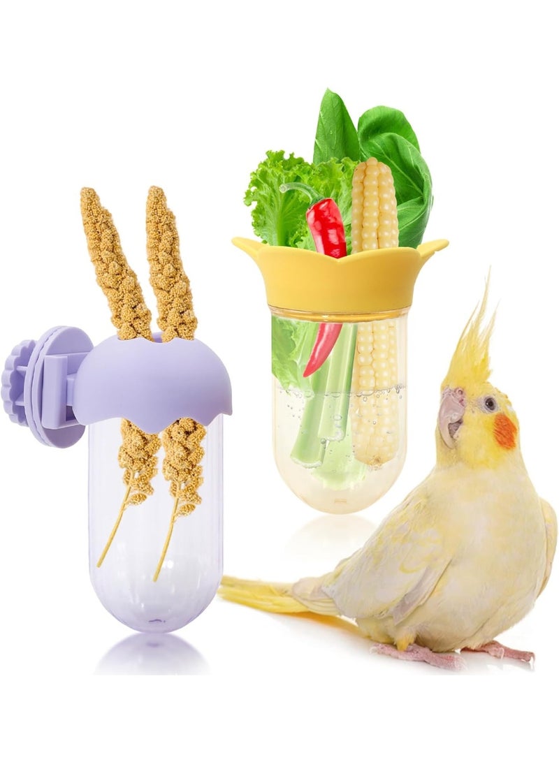Luckam Bird Cage Vegetable Feeder, No-Spill Hanging Veggie Holder with Water Reservoir, Fresh Greens Keeper for Parrots & Parakeets, Quick-Clean Clip-On Millet Feeder (2-Pack, Yellow/Purple) - Image 1
