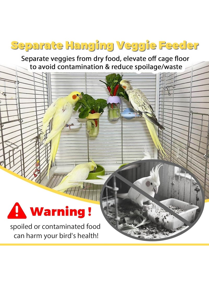 Luckam Bird Cage Vegetable Feeder, No-Spill Hanging Veggie Holder with Water Reservoir, Fresh Greens Keeper for Parrots & Parakeets, Quick-Clean Clip-On Millet Feeder (2-Pack, Yellow/Purple) - Image 3