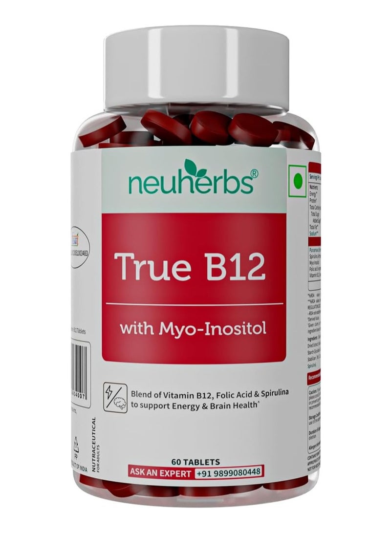 Neuherbs Plant Based Vitamin B12-60 Tablets | True B12 Supplement With Myo-Inositol, Punarnava & Spirulina | Boost Energy, Brain & Nerve Health, Promotes Metabolism | For Men & Women - Image 1
