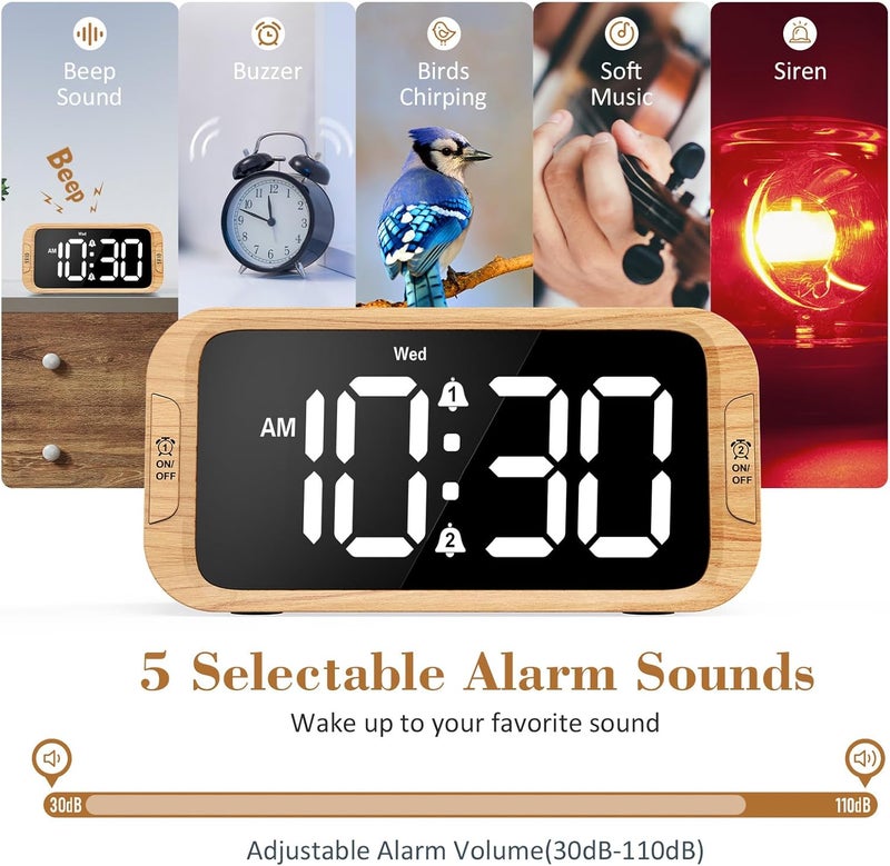 Odokee Digital Dual Alarm Clock for Bedroom, 0-100% Dimmer, Weekday/Weekend Mode, Easy to Set, USB Charger, Adjustable Alarm Volume with 5 Alarm Sounds, Snooze, 12/24Hr, Battery Backup (Wood Grain) - Image 4