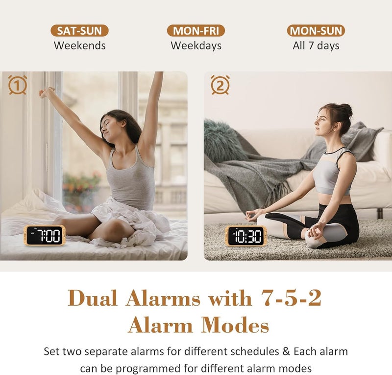 Odokee Digital Dual Alarm Clock for Bedroom, 0-100% Dimmer, Weekday/Weekend Mode, Easy to Set, USB Charger, Adjustable Alarm Volume with 5 Alarm Sounds, Snooze, 12/24Hr, Battery Backup (Wood Grain) - Image 3
