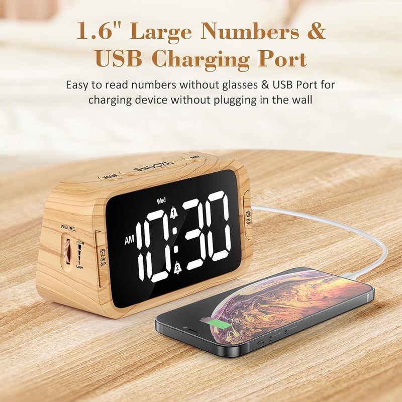 Odokee Digital Dual Alarm Clock for Bedroom, 0-100% Dimmer, Weekday/Weekend Mode, Easy to Set, USB Charger, Adjustable Alarm Volume with 5 Alarm Sounds, Snooze, 12/24Hr, Battery Backup (Wood Grain) - Image 5