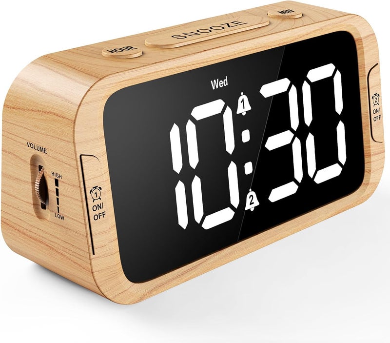 Odokee Digital Dual Alarm Clock for Bedroom, 0-100% Dimmer, Weekday/Weekend Mode, Easy to Set, USB Charger, Adjustable Alarm Volume with 5 Alarm Sounds, Snooze, 12/24Hr, Battery Backup (Wood Grain) - Image 1