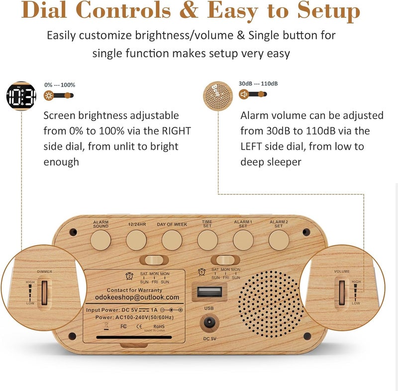 Odokee Digital Dual Alarm Clock for Bedroom, 0-100% Dimmer, Weekday/Weekend Mode, Easy to Set, USB Charger, Adjustable Alarm Volume with 5 Alarm Sounds, Snooze, 12/24Hr, Battery Backup (Wood Grain) - Image 2