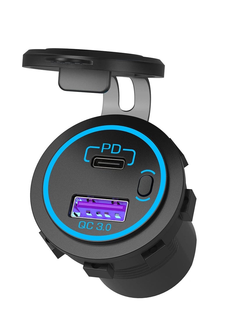 KASTWAVE socket شاحن سيارة سريع USB 12V PD 3.0 و سريع مع زر تشغيل/إيقاف وسلك بطول 59 بوصة مقاوم للماء لسيارات 12V/24V وزوارق وكارت جولف وسفن بحرية ومركبات منزلية ودراجات نارية. - Image 1