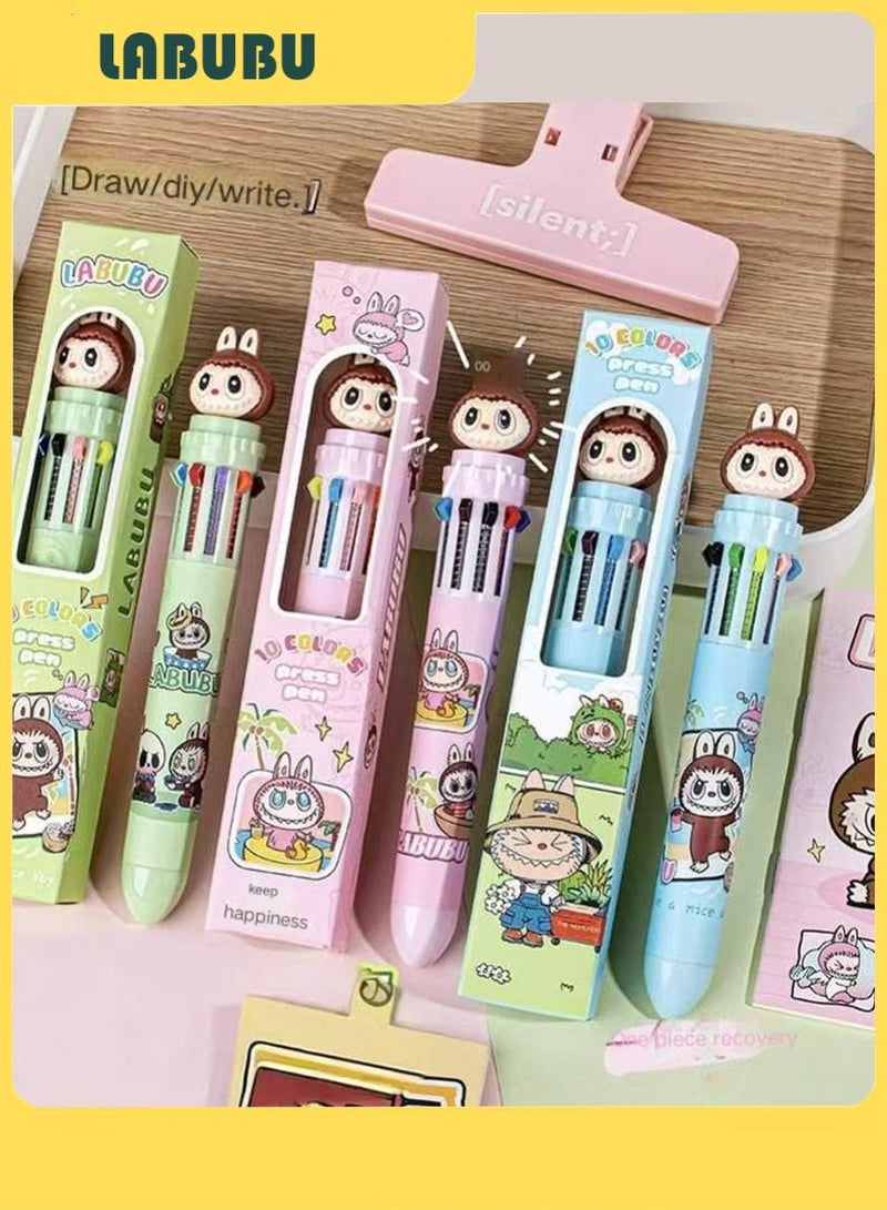 لابوبو 3 قطع أقلام حبر جاف متعددة الألوان، قلم حبر جاف قابل للسحب 10 في 1 بتصميم كرتوني، أقلام متعددة الألوان ذات هيئة كرتونية مبتكرة، نقطة متوسطة (0.5 مم)، للمكاتب، لوازم مدرسية، قرطاسية لطيفة، هدايا للأطفال والطلاب - Image 4