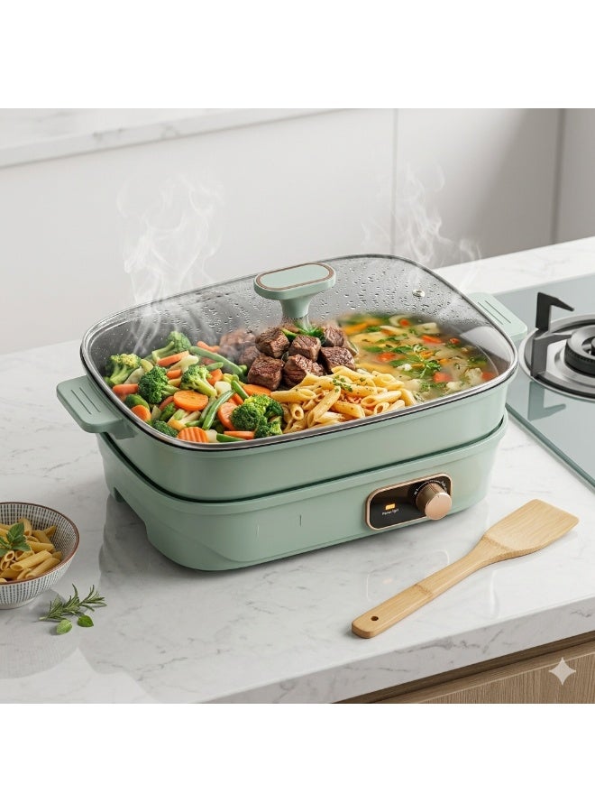 Multi-Functional Split Electric Skillet, 6L Non-Stick Stone Coating Aluminum Pot, Modern Mint Green and Rose Gold Kitchen Appliance, Detachable Magnetic Heating Base with 1600W Power, Tempered Glass Lid, Adjustable Two-Step Temperature Control, Ideal for Frying, Cooking, Baking, Steaming, Hot Pot, Family Meals, Soups, Meat, Vegetables, Pasta, Stews, Easy to Clean, Stylish and Durable Electric Cooking Pan for Home Kitchen, Includes Wooden Bamboo Flat Spatula for Non-Stick Surface Protection - Image 2