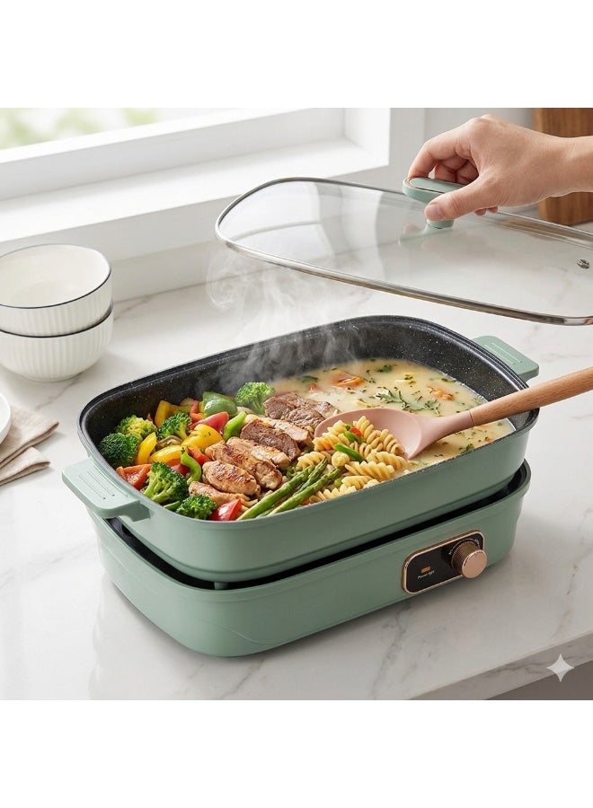 Multi-Functional Split Electric Skillet, 6L Non-Stick Stone Coating Aluminum Pot, Modern Mint Green and Rose Gold Kitchen Appliance, Detachable Magnetic Heating Base with 1600W Power, Tempered Glass Lid, Adjustable Two-Step Temperature Control, Ideal for Frying, Cooking, Baking, Steaming, Hot Pot, Family Meals, Soups, Meat, Vegetables, Pasta, Stews, Easy to Clean, Stylish and Durable Electric Cooking Pan for Home Kitchen, Includes Wooden Bamboo Flat Spatula for Non-Stick Surface Protection - Image 3