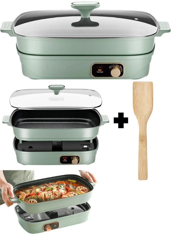 Multi-Functional Split Electric Skillet, 6L Non-Stick Stone Coating Aluminum Pot, Modern Mint Green and Rose Gold Kitchen Appliance, Detachable Magnetic Heating Base with 1600W Power, Tempered Glass Lid, Adjustable Two-Step Temperature Control, Ideal for Frying, Cooking, Baking, Steaming, Hot Pot, Family Meals, Soups, Meat, Vegetables, Pasta, Stews, Easy to Clean, Stylish and Durable Electric Cooking Pan for Home Kitchen, Includes Wooden Bamboo Flat Spatula for Non-Stick Surface Protection - Image 1