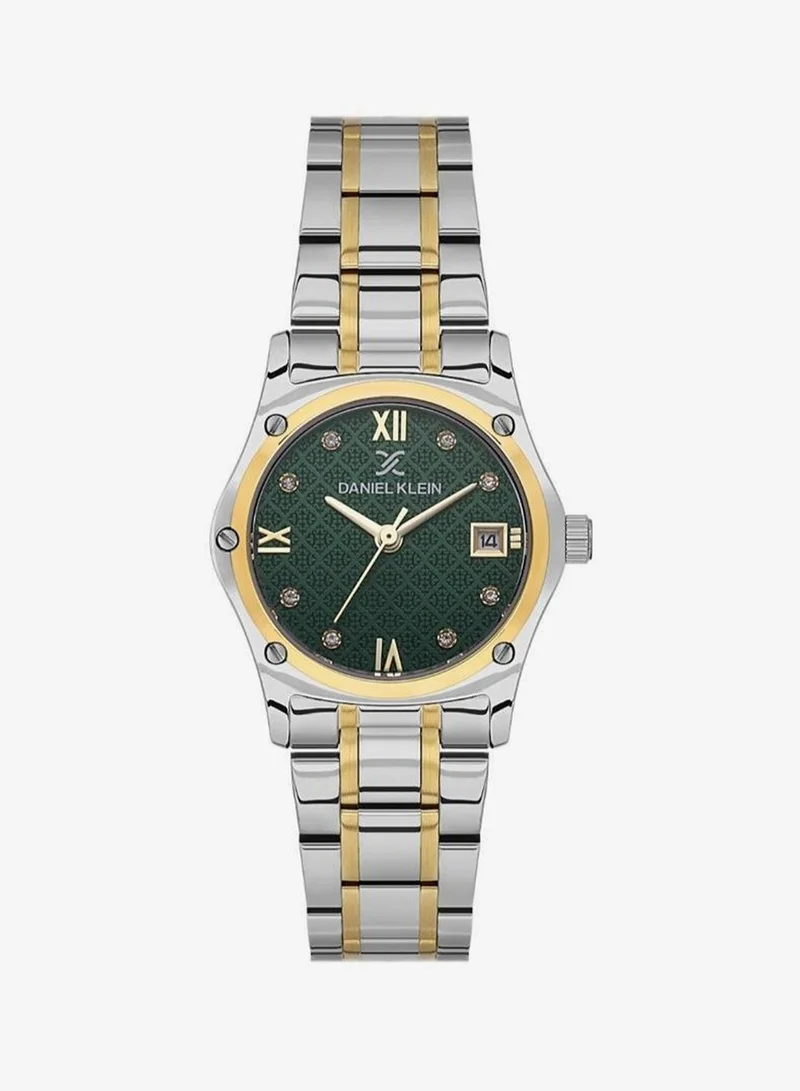 Daniel Klein Women's Stainless Steel Silver and Gold Alloy Case Analog Dark Green Round Emboss Dial Japanese Quartz Premium 30 Meters Water Resistant