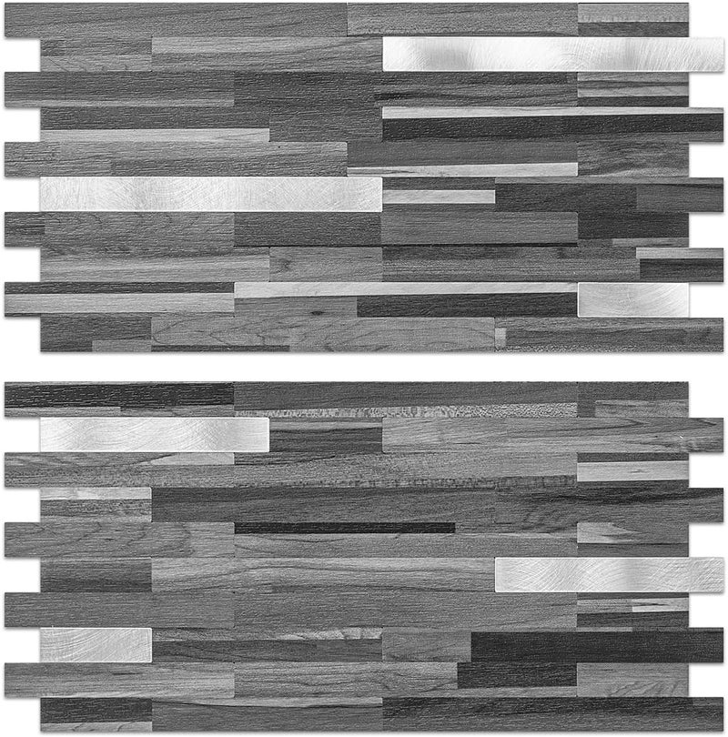 AULIGET 40 Sheets Peel and Stick Backsplash, Black & Grey Wood Look PVC Mixed Metal Stick on Backsplash Tiles for Kitchen - Image 1