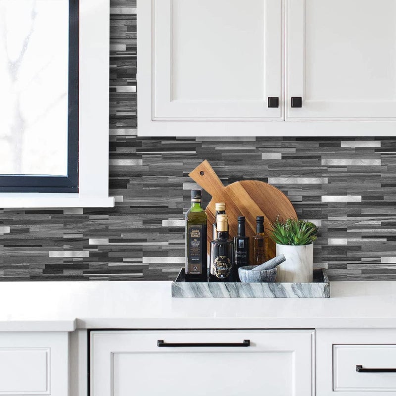 AULIGET 40 Sheets Peel and Stick Backsplash, Black & Grey Wood Look PVC Mixed Metal Stick on Backsplash Tiles for Kitchen - Image 4