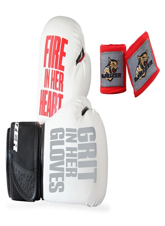 Mauzer Fire in Her Heart Warrior Women’s Boxing Gloves with Plain Hand Wraps Combo, EIA Impact Foam, Locked Thumb, 3” Hook & Loop Wrist Support, Training & Sparring - Image 1