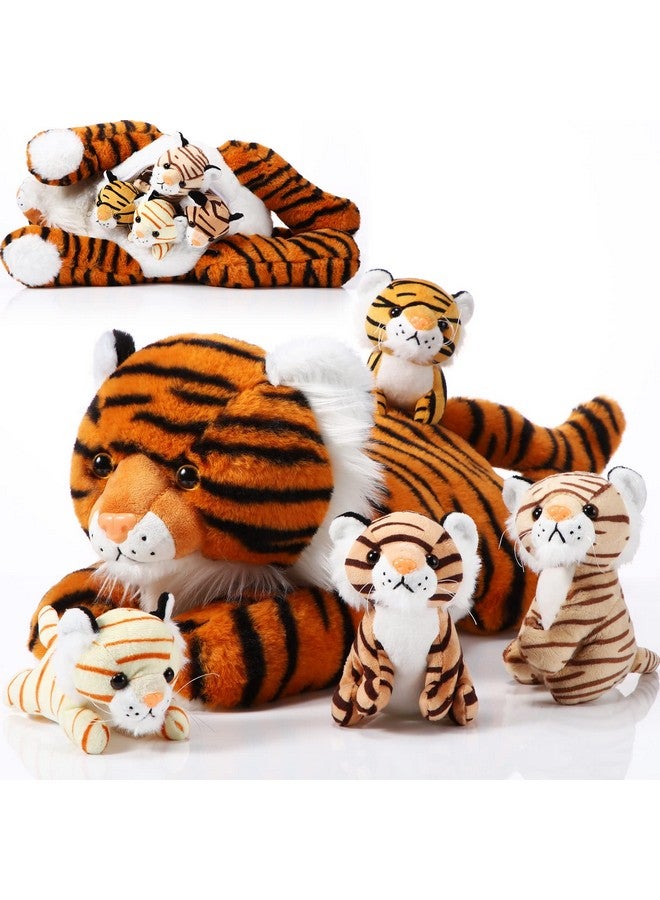 Threan 5 Pcs Tiger Stuffed Animals Christmas Plush Toy Set 16 Inch Stuffed Mommy Tiger with 4 Cute Plush Tiger Babies in Belly for Kids Boys Girls Birthday Christmas Party Favors(Cute) - Image 1