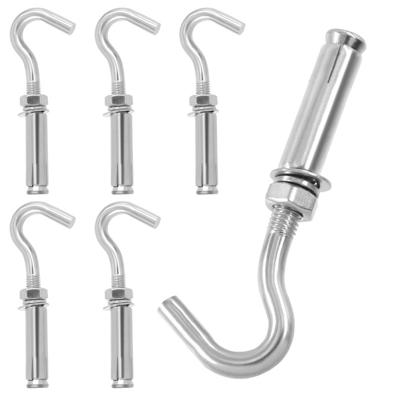 Keadic 6Pcs M10 Expansion Hook304 Stainless Steel Concrete Wall Hook Expansion Anchor Bolt Open Cup Hooks Heavy Duty Concrete Hook for Concrete Brick and Stone