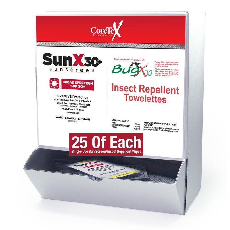 coretex Sun X 30+ & Bug X 30 Combo Pack - Includes 50 Total Packets in Wallmount Box - 25 Lotion Pouches & 25 Insect Repellent Towelettes - Image 1